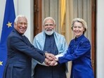 Prime Minister Narendra Modi with European Council President António Luís Santos da Costa and European Commission President Ursula von der Leyen, at Hyderabad House in January.