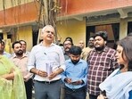 Mumbai, India - March 23, 2026: BJP corporators Makarand Narwekar, Harshita Narwekar and Gauravi Shivalkar had staged a protest outside the proposed aspirational toilet site at Oval Maidan. The corporators had opposed the BMC administration’s decision to proceed with the project despite a stay order citing multiple violations, alleging disregard for directions from the state government and legislature, in Mumbai, India, on Monday, March 23, 2026. (Photo by Anshuman Poyrekar/Hindustan Times) (Anshuman Poyrekar/HT Photo)