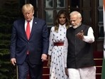 Prime Minister Narendra Modi with US President Donald Trump and First Lady Melania Trump at Hyderabad House in New Delhi on February 25, 2020. (Mohd Zakir/HT FILE PHOTO)