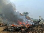Pune: Maharashtra Deputy Chief Minister Ajit Pawar's plane in flames after it crashed during landing, at Baramati in Pune district, Maharashtra, Wednesday, Jan. 28, 2026. Pawar, along with three others on board, was killed in the crash. (PTI Photo)(PTI01_28_2026_000026B) (PTI)