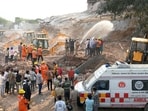 Rescue operation underway at the site of the cold store building collapse in Phaphamau in Prayagraj on Monday.