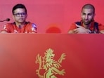 Royal Challengers Bengaluru director of cricket Mo Bobat (R) and CEO Rajesh Menon address a press conference on Tuesday. (PTI)