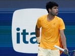 Carlos Alcaraz (ESP) yells at his player's box between points against Sebastian Korda (USA) (not pictured) on day six of the 2026 Miami Open