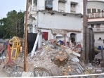 The house with the collapsed portion in the South Malaka area of Prayagraj on Tuesday (HT)