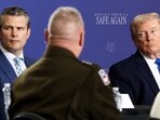US President Donald Trump and defence secretary Pete Hegseth at a roundtable on public safety at the Memphis Air National Guard Base in Tennessee on Monday evening, March 23, 2026. 