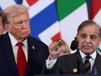 US President Donald Trump looks at Pakistan's Prime Minister Shehbaz Sharif.