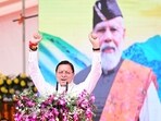 Uttarakhand Chief Minister Pushkar Singh Dhami addresses the ‘4 Saal Bemisaal’ event at Parade Ground in Dehradun.