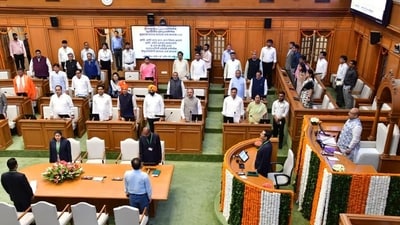 New Delhi, India - March 23, 2026: Delhi Chief Minister Rekha Gupta , Delhi cabinet ministers during the Delhi Assembly Budget Session 2026 at the Vidhan Sabha in New Delhi, India, on Monday, March 23, 2026.  ( HT PHOTO / Hindustan Times) (Hindustan Times)