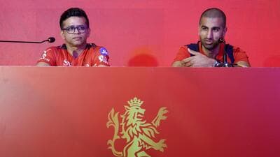 Royal Challengers Bengaluru director of cricket Mo Bobat (R) and CEO Rajesh Menon address a press conference on Tuesday. (PTI) Royal Challengers Bengaluru director of cricket Mo Bobat (R) and CEO Rajesh Menon address a press conference on Tuesday. (PTI)