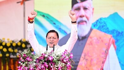 Uttarakhand Chief Minister Pushkar Singh Dhami addresses the ‘4 Saal Bemisaal’ event at Parade Ground in Dehradun. Uttarakhand Chief Minister Pushkar Singh Dhami addresses the ‘4 Saal Bemisaal’ event at Parade Ground in Dehradun.