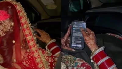 A bride was seen applying for a job in her bridal outfit, video went viral. (Instagram/sanchi_shivam_twoheartsonesoul) A bride was seen applying for a job in her bridal outfit, video went viral. (Instagram/sanchi_shivam_twoheartsonesoul)