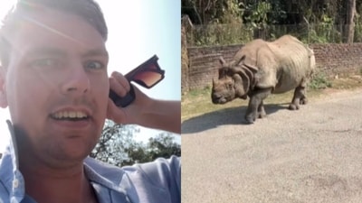 A UK man was stunned as a massive rhino calmly walked past him on a street in Nepal. (Instagram/thedancooperescape) A UK man was stunned as a massive rhino calmly walked past him on a street in Nepal. (Instagram/thedancooperescape)