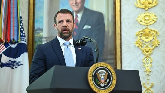 Markwayne Mullin, secretary of the US Department of Homeland Security (DHS), speaks during a swearing-in ceremony in the Oval Office of the White House in Washington. (Bloomberg)