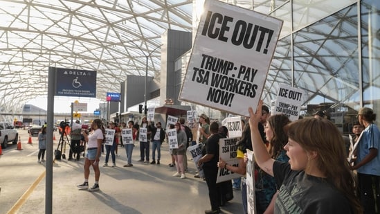 ICE agents were deployed to U.S. airports on Monday. Demonstrators protest against ICE at Atlanta Hartsfield-Jackson International Airport on March 23, 2026 in Atlanta, Georgia. (Getty Images via AFP)