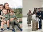 Emily Gregory with her children (L) and Emily Gregory, her husband Andrew and their children at an US Army facility. Emily Gregory with her children (L) and Emily Gregory, her husband Andrew and their children at an US Army facility.