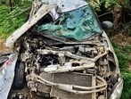 Mangled car at the spot near Chowkimann after road mishap in Ludhiana on Wednesday. (Gurpreet/HT)
