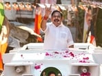 Leader of Opposition in the Tamil Nadu Assembly and AIADMK chief Edappadi K Palaniswami greets supporters during an election roadshow at the Mylapore constituency, ahead of the state Assembly elections, in Chennai district.