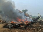Pune: Maharashtra Deputy Chief Minister Ajit Pawar's plane in flames after it crashed during landing, at Baramati in Pune district, Maharashtra, Wednesday, Jan. 28, 2026. Pawar, along with three others on board, was killed in the crash. (PTI Photo)(PTI01_28_2026_000026B) (PTI)