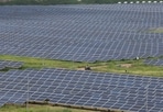 FILE PHOTO: A man rides a motorcycle along the solar panels in Gujarat Solar Park also called Charanka Solar Park at Patan district in Gujarat