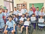 Students of the Society for the Education of the Challenged Day School in Agripada protested against the state government’s directive on Tuesday. (Raju Shinde/HT Photo)