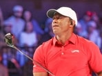 Tiger Woods of the Jupiter Links Golf Club plays his shot from the first tee during final day of TGL golf tournament.(AP)