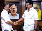 DMK president and Tamil Nadu chief minister MK Stalin meets Makkal Needhi Maiam (MNM) MP Kamal Haasan (L), in Chennai on Tuesday