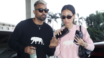 Hardik Pandya and Mahieka Sharma in matching Sabyasachi sweaters (Photo: Yogen Shah)