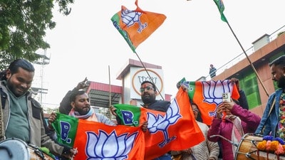 Lucknow, Jan 16 (ANI): BJP workers celebrating the party lead in the Brihanmumbai Municipal Corporation elections (BMC) at party office, in Lucknow on Friday. (ANI Photo) Lucknow, Jan 16 (ANI): BJP workers celebrating the party lead in the Brihanmumbai Municipal Corporation elections (BMC) at party office, in Lucknow on Friday. (ANI Photo)