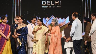 Chief Minister Rekha Gupta, along with cabinet ministers and film personalities, during the inauguration of the International Film Festival Delhi at Bharat Mandapam. (Ishant Chauhan/HT PHOTO)