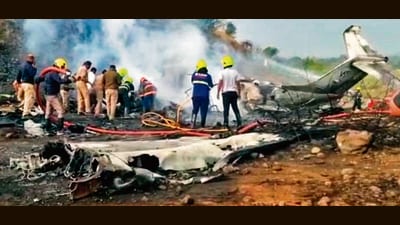 Pune ....... Ajit Pawar, NCP chief and Maharashtra's Deputy Chief Minister, died in a tragic plane crash this morning while he was flying from Mumbai to Baramati. Four others, including pilots and Pawar's security personnel, have also died in the crash. The small aircraft, which took off from Mumbai around 8.10 am, crashed near Baramati airport during a landing attempt half an hour later In Pune/ India. HT Photo Pune ....... Ajit Pawar, NCP chief and Maharashtra's Deputy Chief Minister, died in a tragic plane crash this morning while he was flying from Mumbai to Baramati. Four others, including pilots and Pawar's security personnel, have also died in the crash. The small aircraft, which took off from Mumbai around 8.10 am, crashed near Baramati airport during a landing attempt half an hour later In Pune/ India. HT Photo