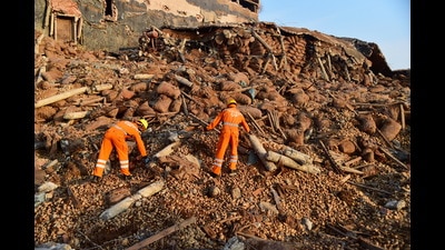 State Disaster Response Force (SDRF) personnel conduct a rescue operation after a portion of a cold storage facility collapsed on Monday, which also triggered an ammonia gas leak, in Prayagraj, Wednesday (PTI) State Disaster Response Force (SDRF) personnel conduct a rescue operation after a portion of a cold storage facility collapsed on Monday, which also triggered an ammonia gas leak, in Prayagraj, Wednesday (PTI)