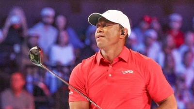 Tiger Woods of the Jupiter Links Golf Club plays his shot from the first tee during final day of TGL golf tournament. (AP) Tiger Woods of the Jupiter Links Golf Club plays his shot from the first tee during final day of TGL golf tournament. (AP)