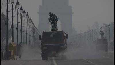 The Gupta government deployed misting poles and anti-smog guns along prestige corridors: Visible, photogenic, but scientifically cosmetic. (PTI) The Gupta government deployed misting poles and anti-smog guns along prestige corridors: Visible, photogenic, but scientifically cosmetic. (PTI)