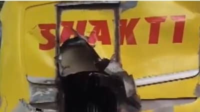 Visuals from near the Jhandewalan Temple in Karol Bagh showed a mangled bus on the side of the road. (ANI)
