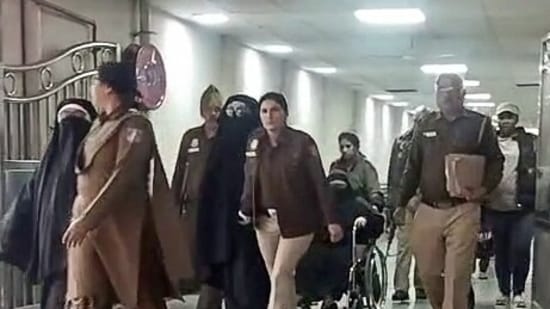 File photo of Aasiya Andrabi and two other co-convicts being produced at Patiala House Court in a terror conspiracy case, in New Delhi in February 2206. (ANI Video Grab)