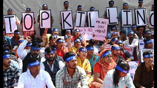 Sanitation workers from multiple states said they are forced into the work due to caste identity and lack basic safety gear while handling hazardous sewage. (Sanchit Khanna/ Hindustan Times)