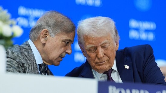 President Donald Trump, right, speaks with Shehbaz Sharif, Prime Minister of Pakistan. (AP)