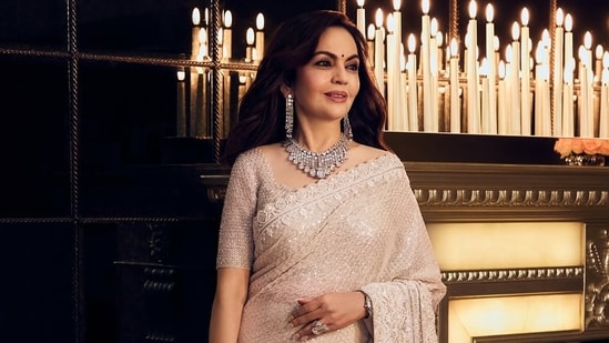 Nita Ambani in an Abu Jani Sandeep Khosla saree. (Abu Jani Sandeep Khosla)