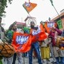 Lucknow, Jan 16 (ANI): BJP workers celebrating the party lead in the Brihanmumbai Municipal Corporation elections (BMC) at party office, in Lucknow on Friday. (ANI Photo)