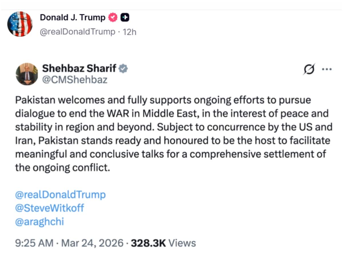 Donald Trump shares screenshot of Shehbaz Sharif's post offering Pakistan's mediation in Iran-US talks.