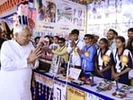 Bihar CM Nitish Kumar with Jeevika Didis in Nalanda on Thursday. (HT Photo)