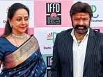 Nandamuri Balakrishna greeted Hema Malini at the International Film Festival Delhi by touching her feet. (ANI/X)
