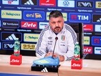 Italy's head coach Gennaro Gattuso gestures during the Italian team press conference in Florence, Italy, Monday, March 23, 2026