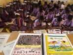 Mumbai, India - February 7, 2019: Translated textbooks in Warli for students at Zilla Parishad school,Khoricha Pada at Saphale near Mumbai, India, on Thursday, February 7, 2019. (Photo by Pramod Thakur/Hindustan Times) (Pramod Thakur/HT Photo)