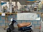 No stock board at a petrol pump in Hyderabad. (HT)