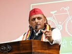 Samajwadi Party president Akhilesh Yadav at a press conference held on Thursday at the Samajwadi Party’s state headquarters in Lucknow (HT Photo)
