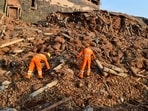 State Disaster Response Force (SDRF) personnel conduct a rescue operation after a portion of a cold storage facility collapsed on Monday, which also triggered an ammonia gas leak, in Prayagraj, Wednesday (PTI)
