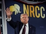 US President Donald Trump gestures during the National Republican Congressional Committee (NRCC) annual fundraising dinner in Washington DC.
