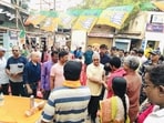 Dilip Ghosh with locals at a campaign event in Kharagpur on Thursday, March 26.