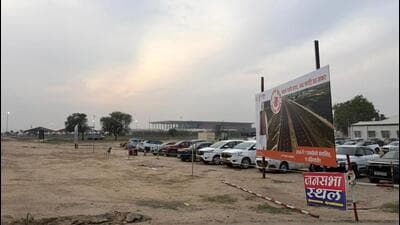 A vehicle parking for Jewar International Airport inauguration on March 28. (Sunil Ghosh/HT Photo)
